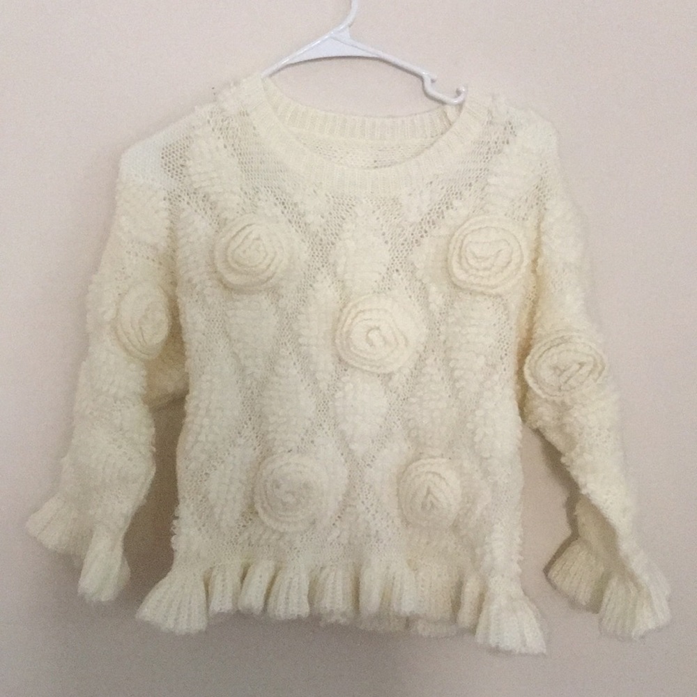 Crop cream ivory sweater with floral poms